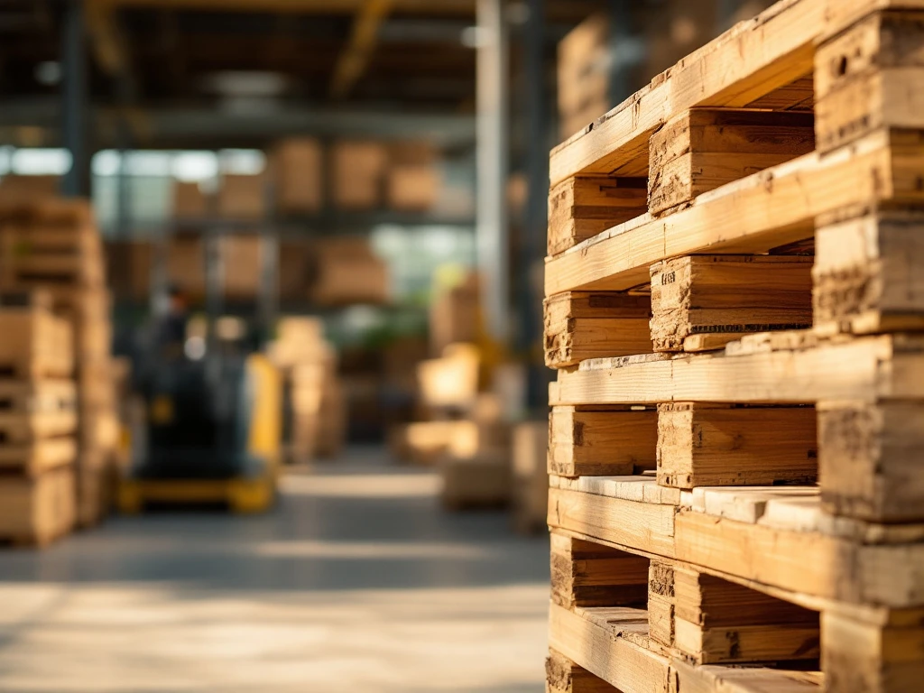 Kirkkaasti valaistut puiset lavat varastossa, taustalla epätarkkoja laitteita ja laatikoita; kuvaa kierrätys- ja logistiikkateollisuutta.