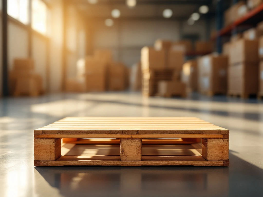 Puinen kertakäyttölava valaistuna lämpimässä valossa, esillä varastossa Kuormalavakeskuksen taustalla häilyvät lavat.